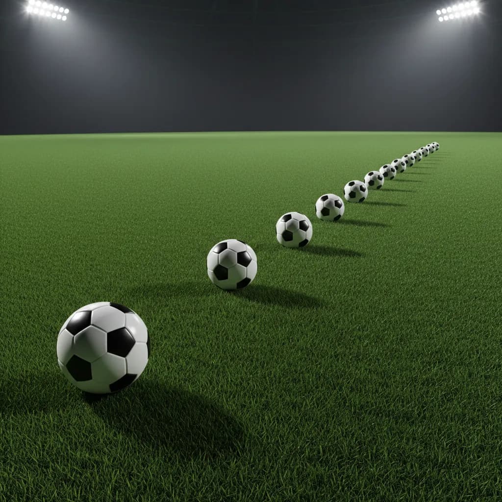 Seven footballs arranged in diagonal line on green pitch