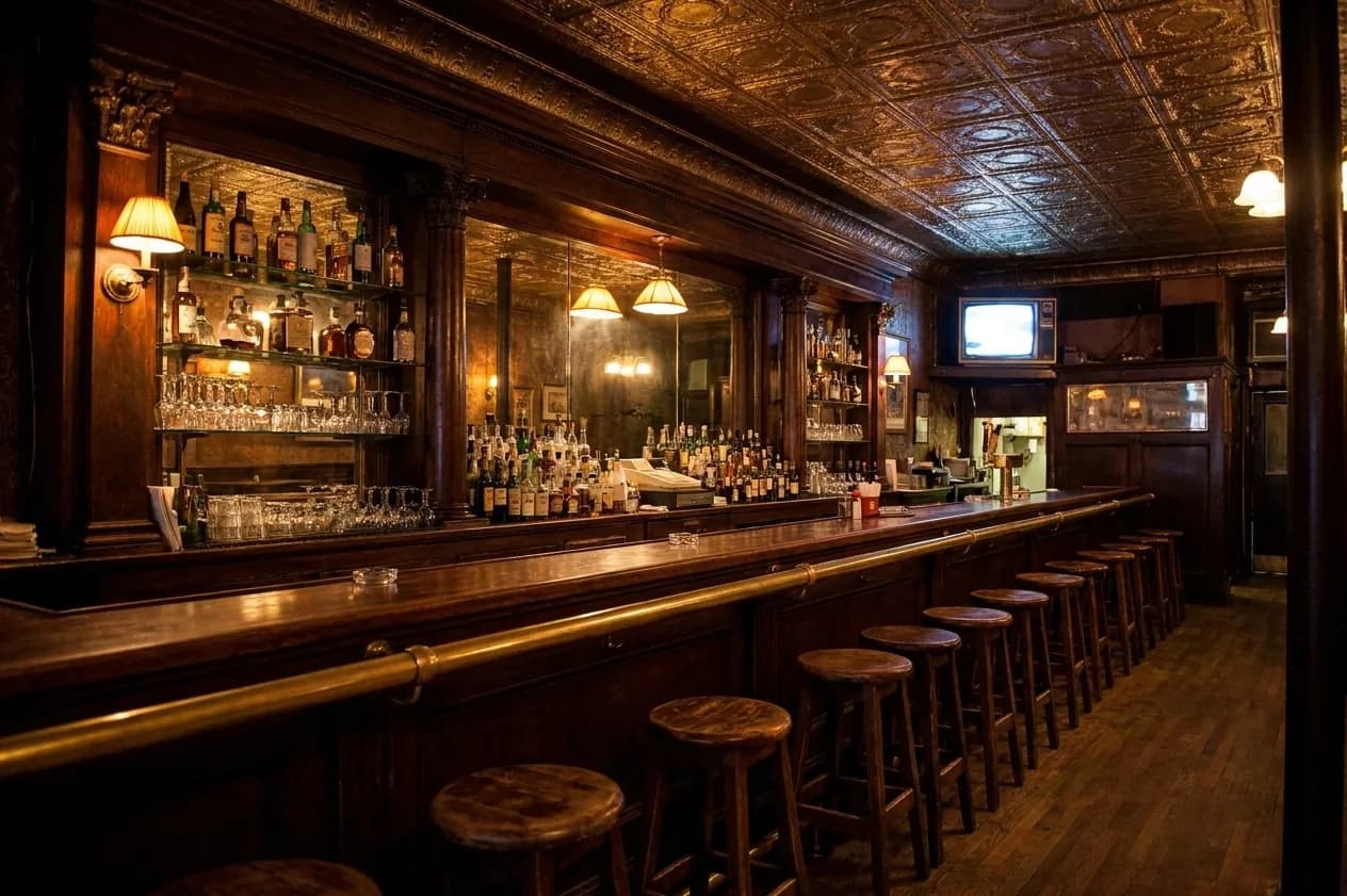 A narrow old New York bar with a tin ceiling and long wooden bar