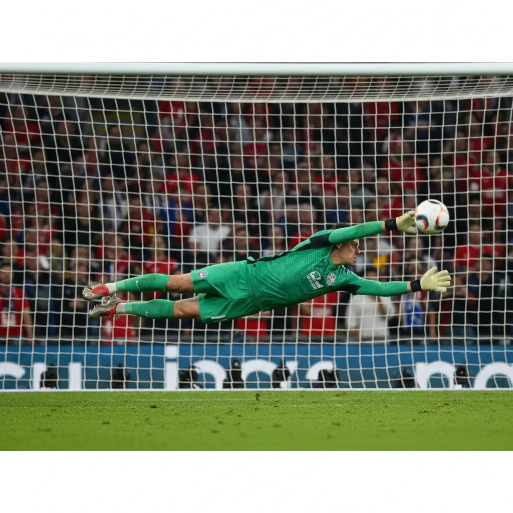 A goalkeeper dives at full stretch to save a penalty kick at the World Cup