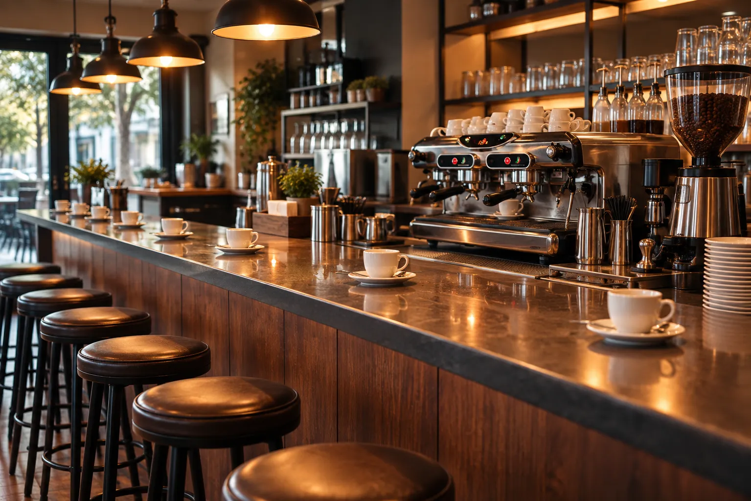 Café counter run like a bar, with stools facing the working espresso station and cups set along the bar top under warm pendant lighting