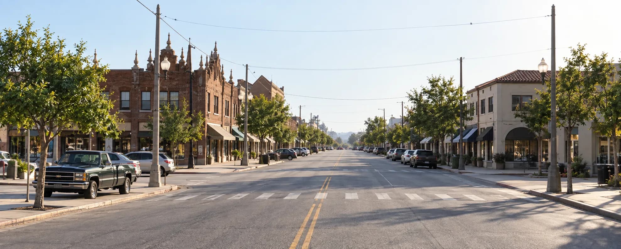 Short village-scale commercial street with low awninged buildings, planted kerbside trees and angled parking in bright morning light