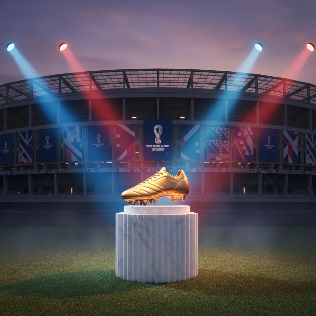 Golden Boot trophy illuminated by spotlights in stadium setting for World Cup 2026