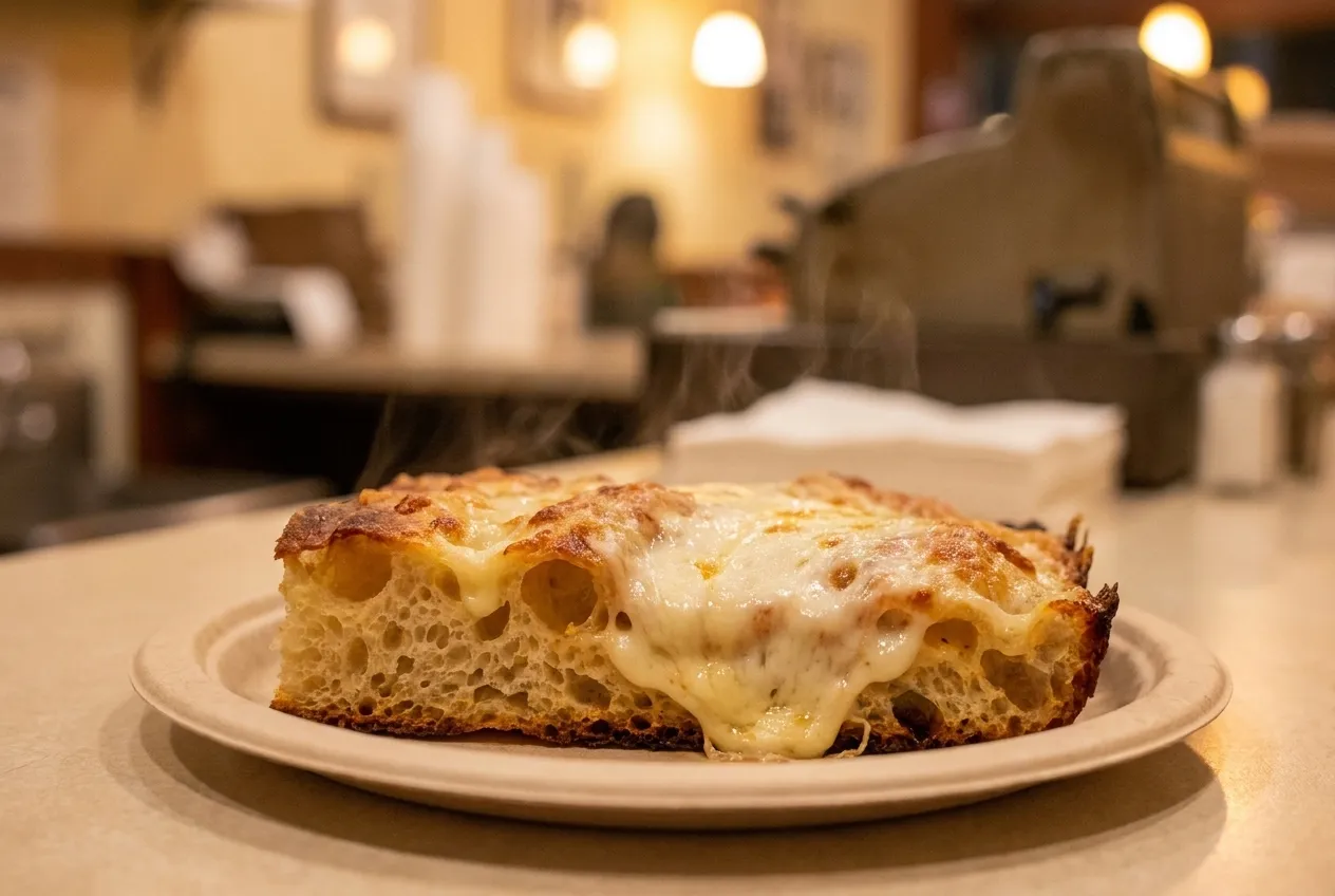 A thick square slice of focaccia-style pizza with heavy cheese on a paper plate.