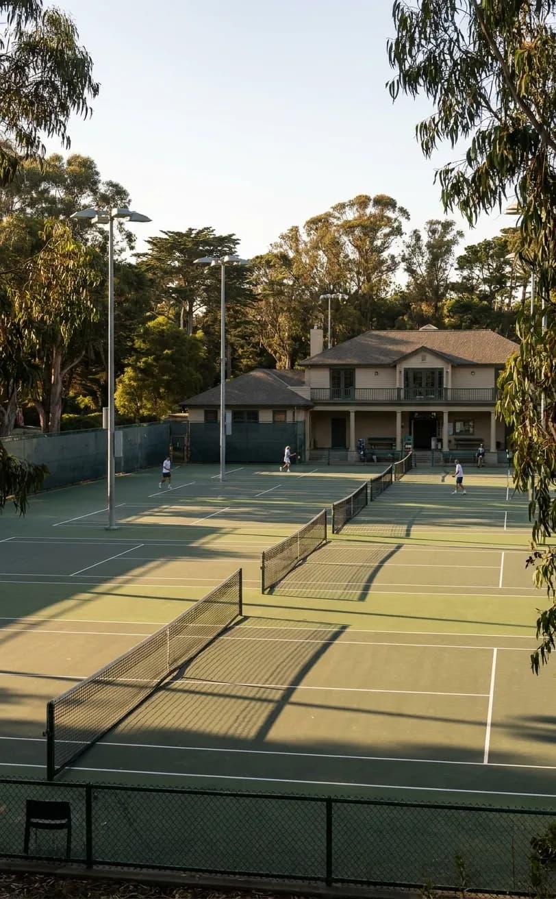 Lighted tennis courts at Goldman Tennis Center in Golden Gate Park with the Taube Family Clubhouse visible in the background