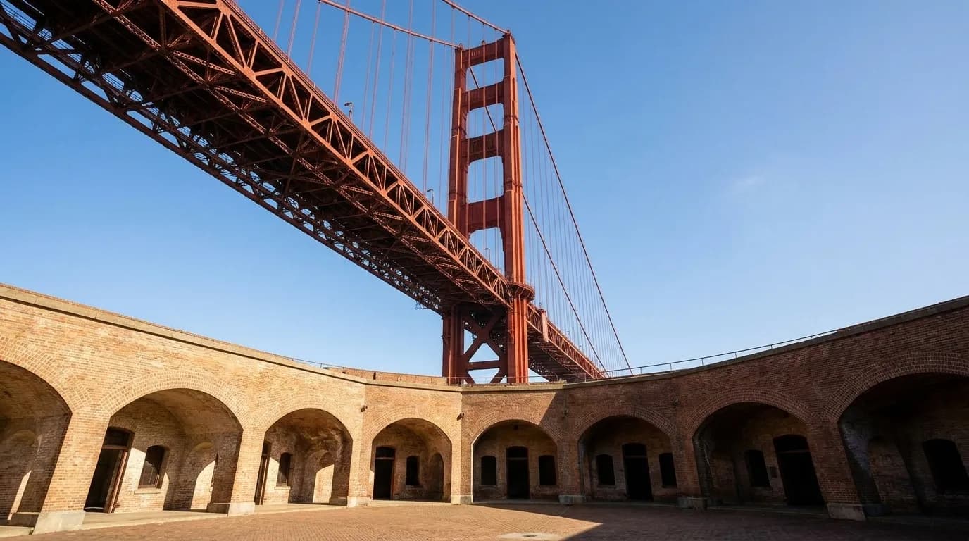 View of Golden Gate Bridge's south tower and steel structure from Fort Point's brick courtyard in San Francisco