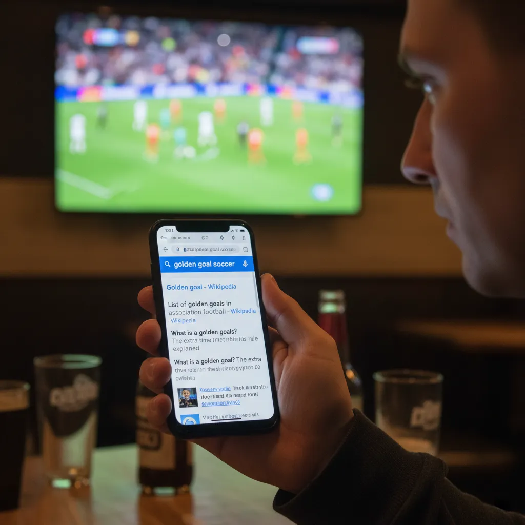 A smartphone shows Google search results for golden goal during a World Cup viewing