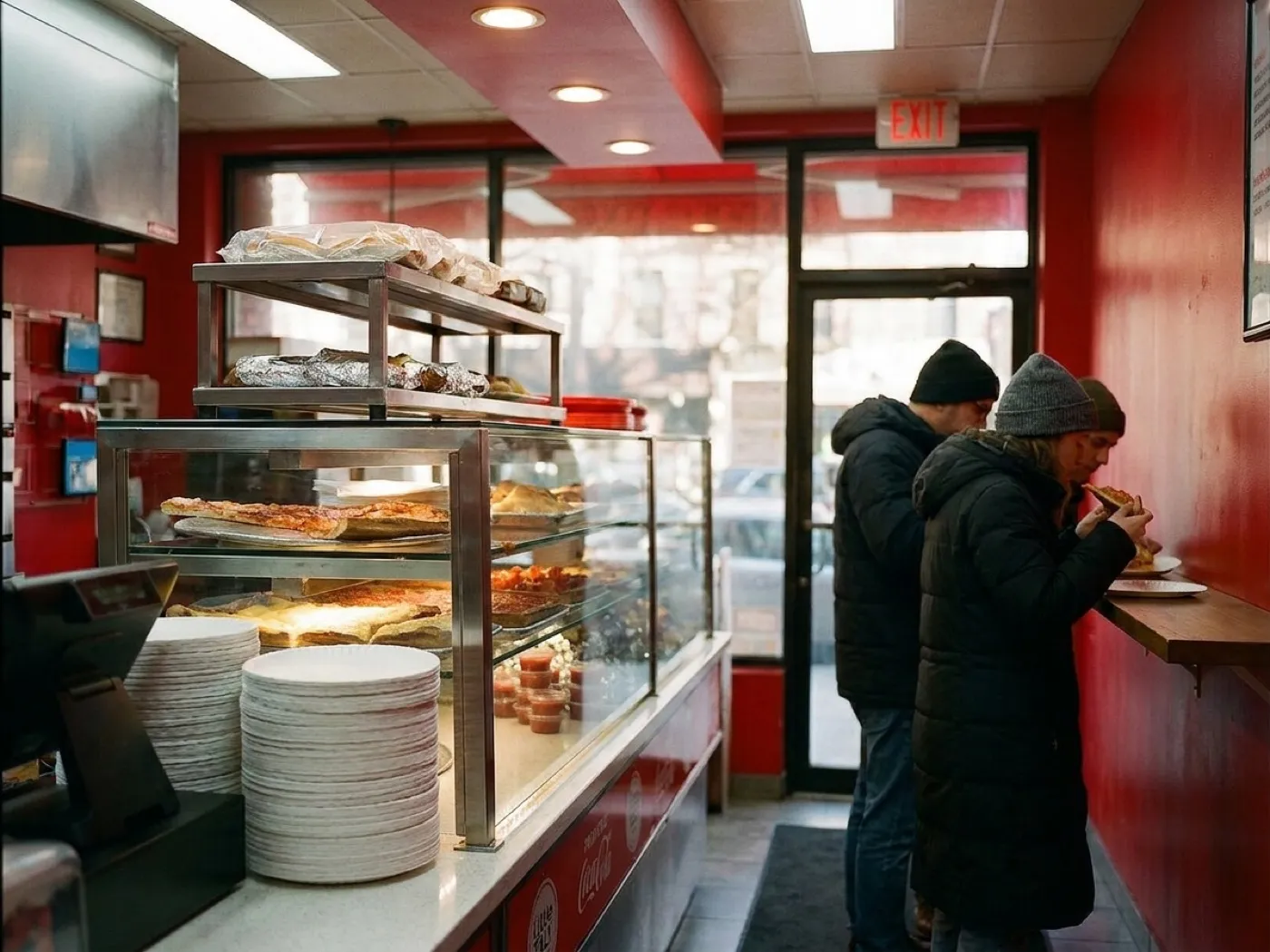 A narrow New York counter-service storefront at midday with a short queue on the sidewalk, stainless steel service window and a stack of paper trays under warm interior light