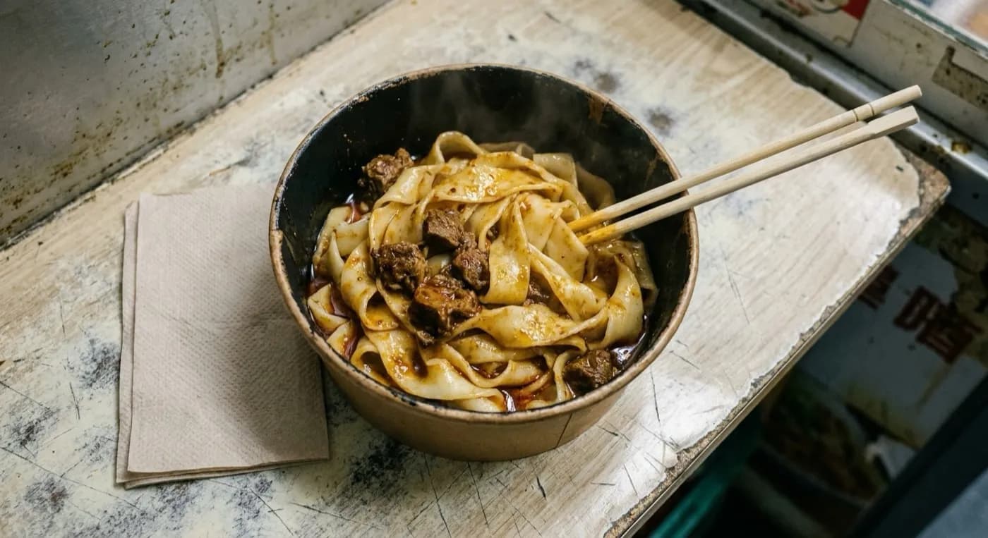 Hand-pulled wheat noodles in chilli oil in a paper bowl on a narrow standing shelf beside a folded napkin and a set of wooden chopsticks