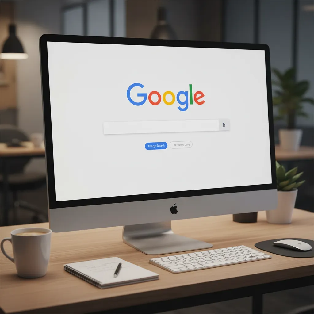 A Google search bar displayed on a large monitor with a desk setup and coffee cup visible