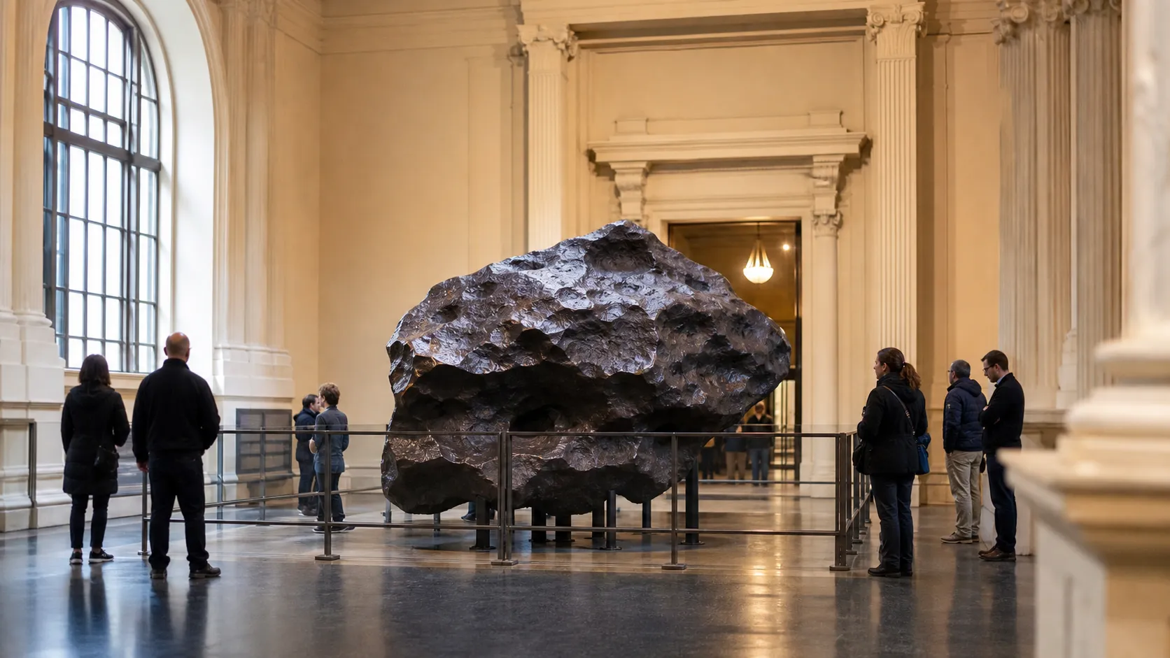 A large iron meteorite is displayed inside a museum gallery with visitors nearby.