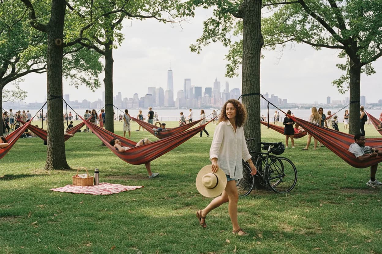 NYC experience scene for Governors Island Hammock Grove for a Breezy Friend Hang Under $20