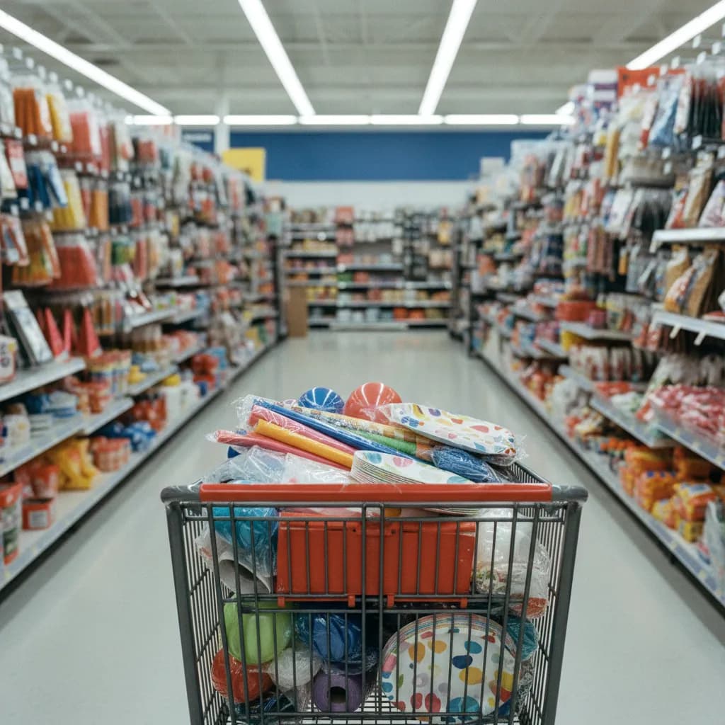Shopping cart filled with streamers, balloons and plastic tablecloths in a discount store aisle