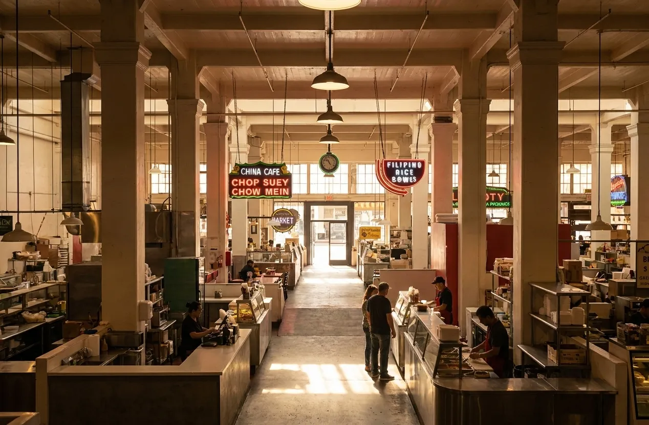 Wide interior view of Grand Central Market showing vendor stalls and open corridors under historic ceiling