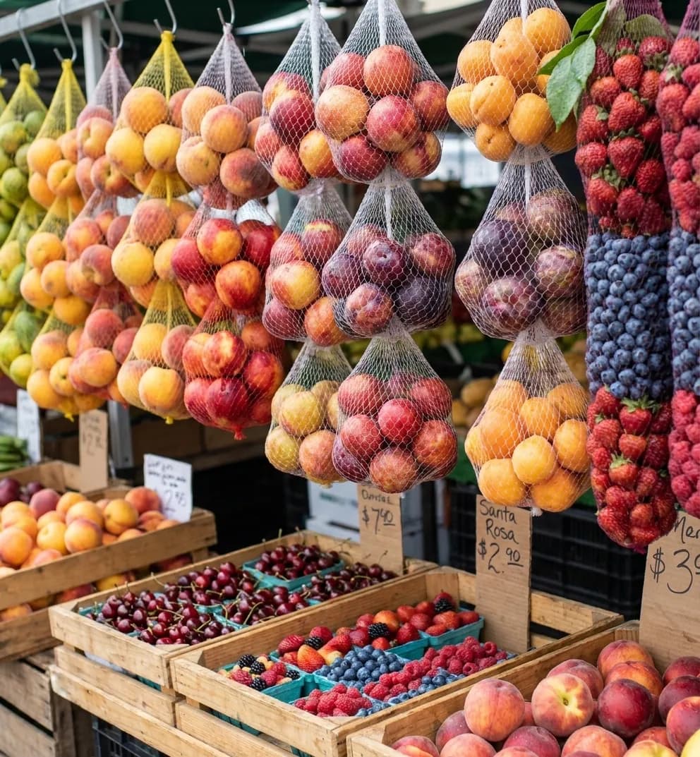 Close view of fresh seasonal stone fruit and berries displayed at a market produce stall