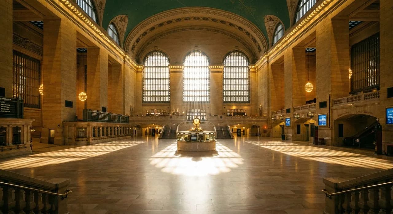 Grand Central Terminal Main Concourse Sunrise Light and the 7:15am Window Through Eastern Clerestory