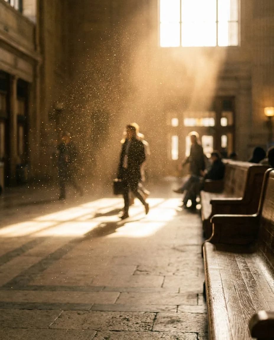 Grand Central Terminal Main Concourse Sunrise Light and the 7:15am Window Through Eastern Clerestory