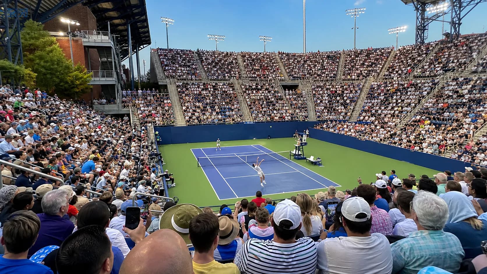 Photorealistic US Open tennis scene for Grandstand at the US Open: Best Seats and Sessions.