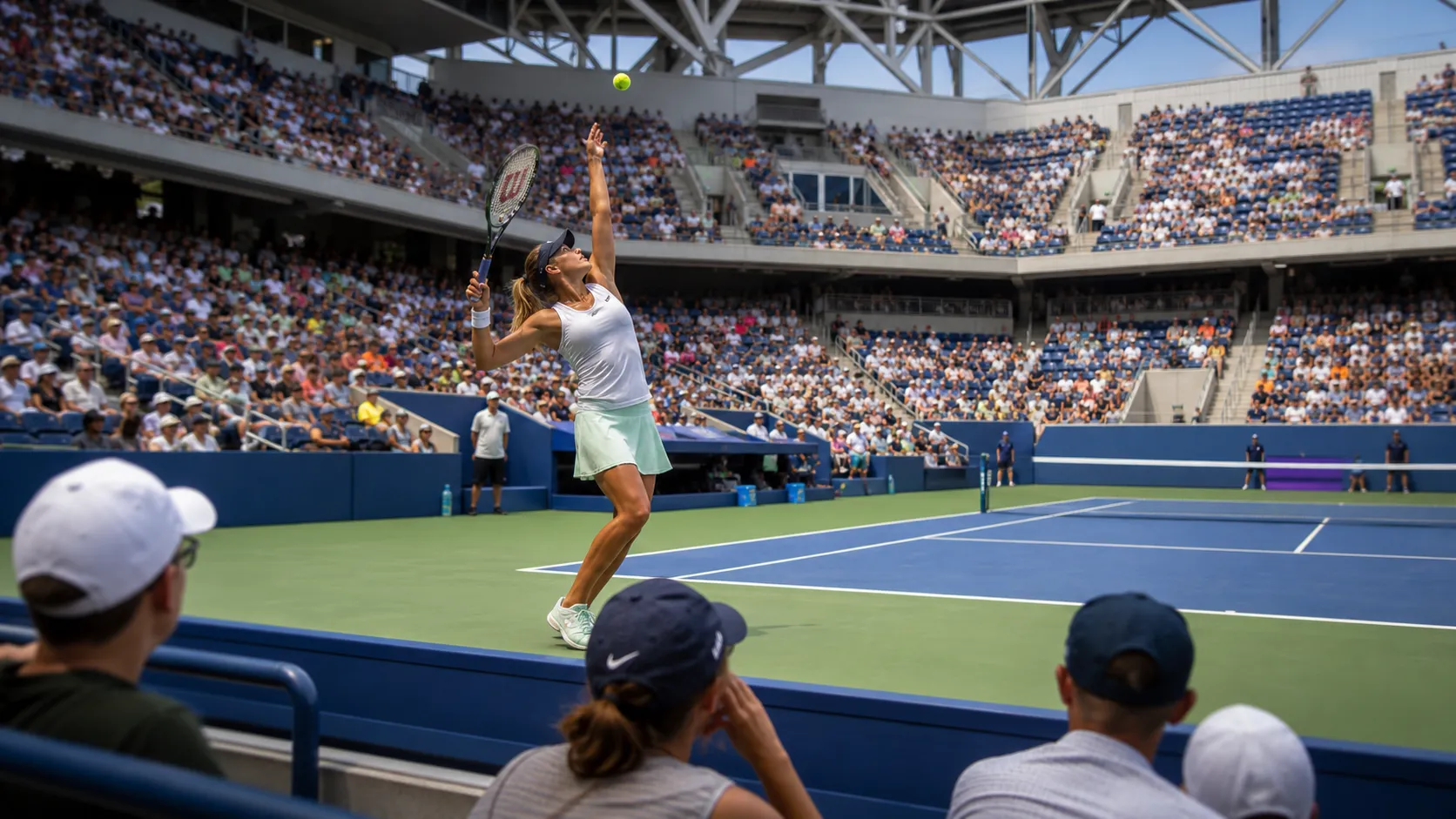 Photorealistic tennis scene illustrating Grandstand at the US Open: Best Seats and Sessions.