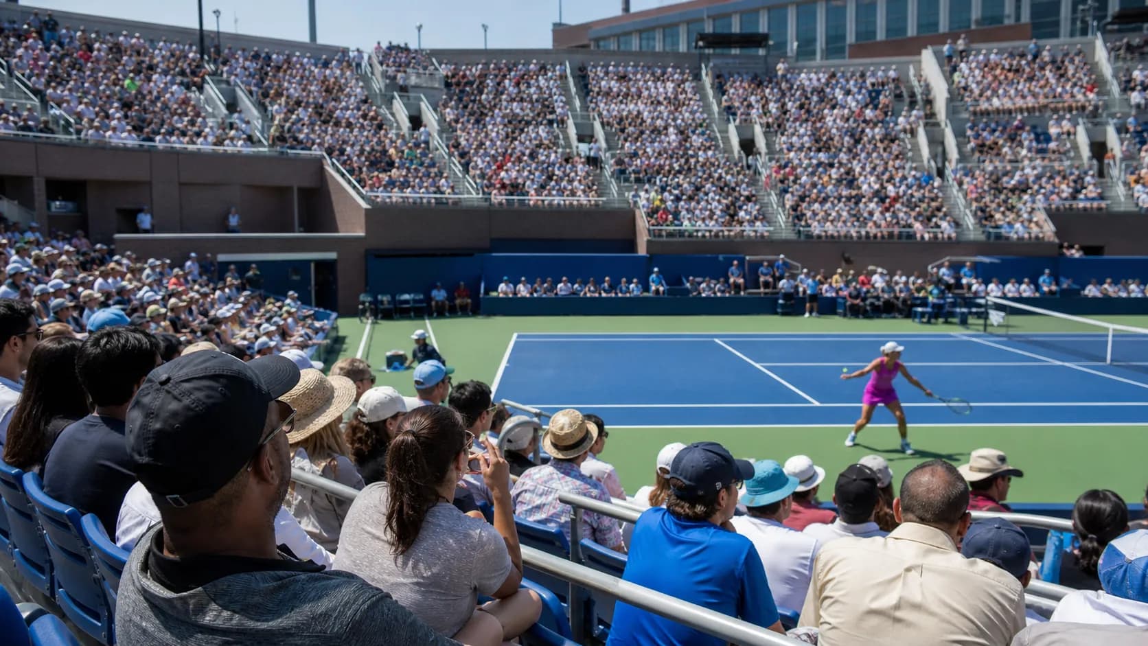Bright US Open tennis atmosphere illustrating Grandstand at the US Open: Best Seats and Sessions.
