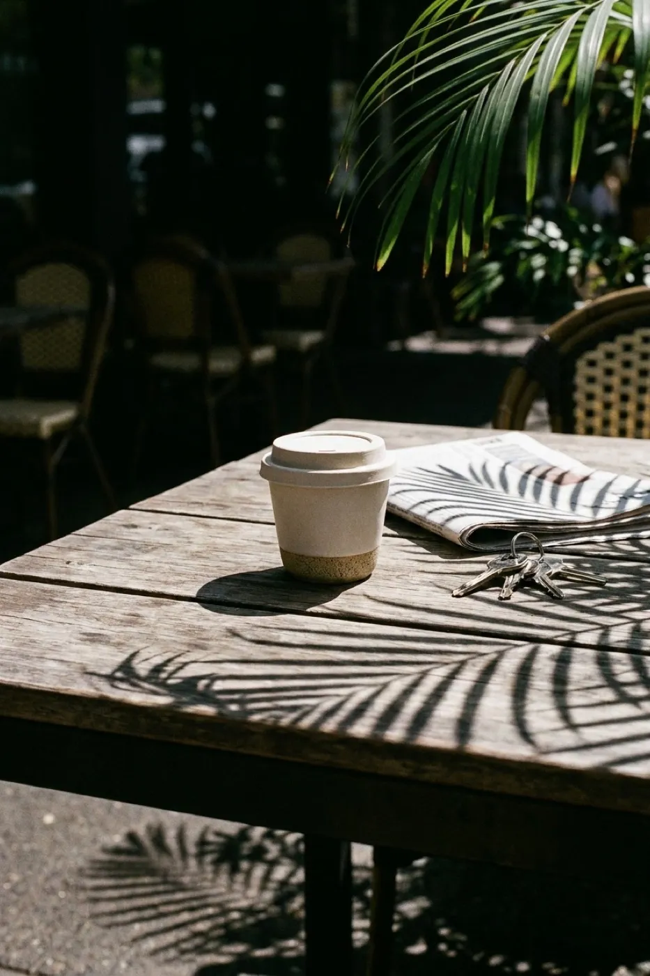 A takeaway coffee cup on a shaded outdoor table beside a folded newspaper, palm shadow falling across the surface