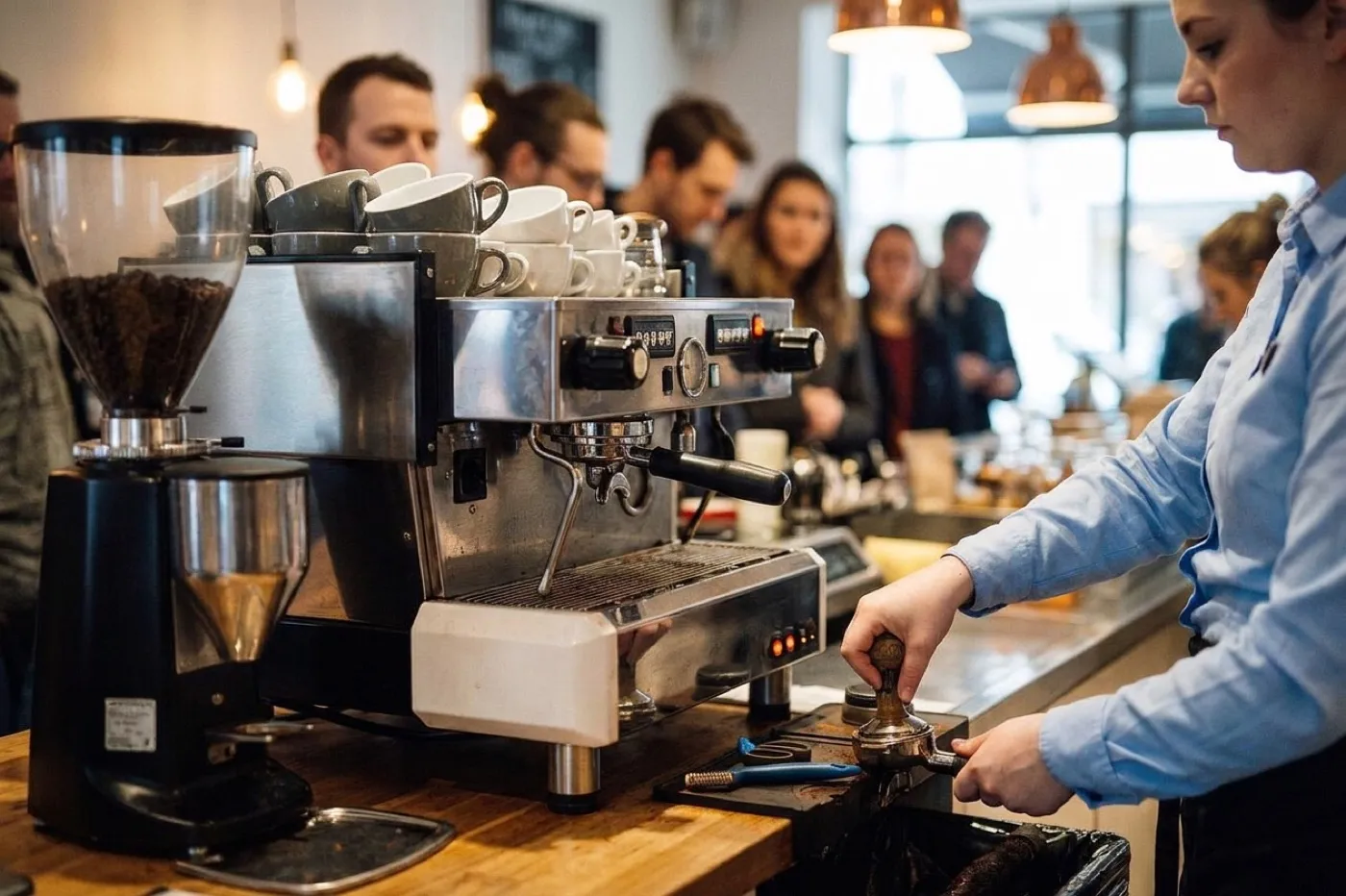 An espresso machine and grinder on a counter with a barista's hands tamping, and a queue blurred behind