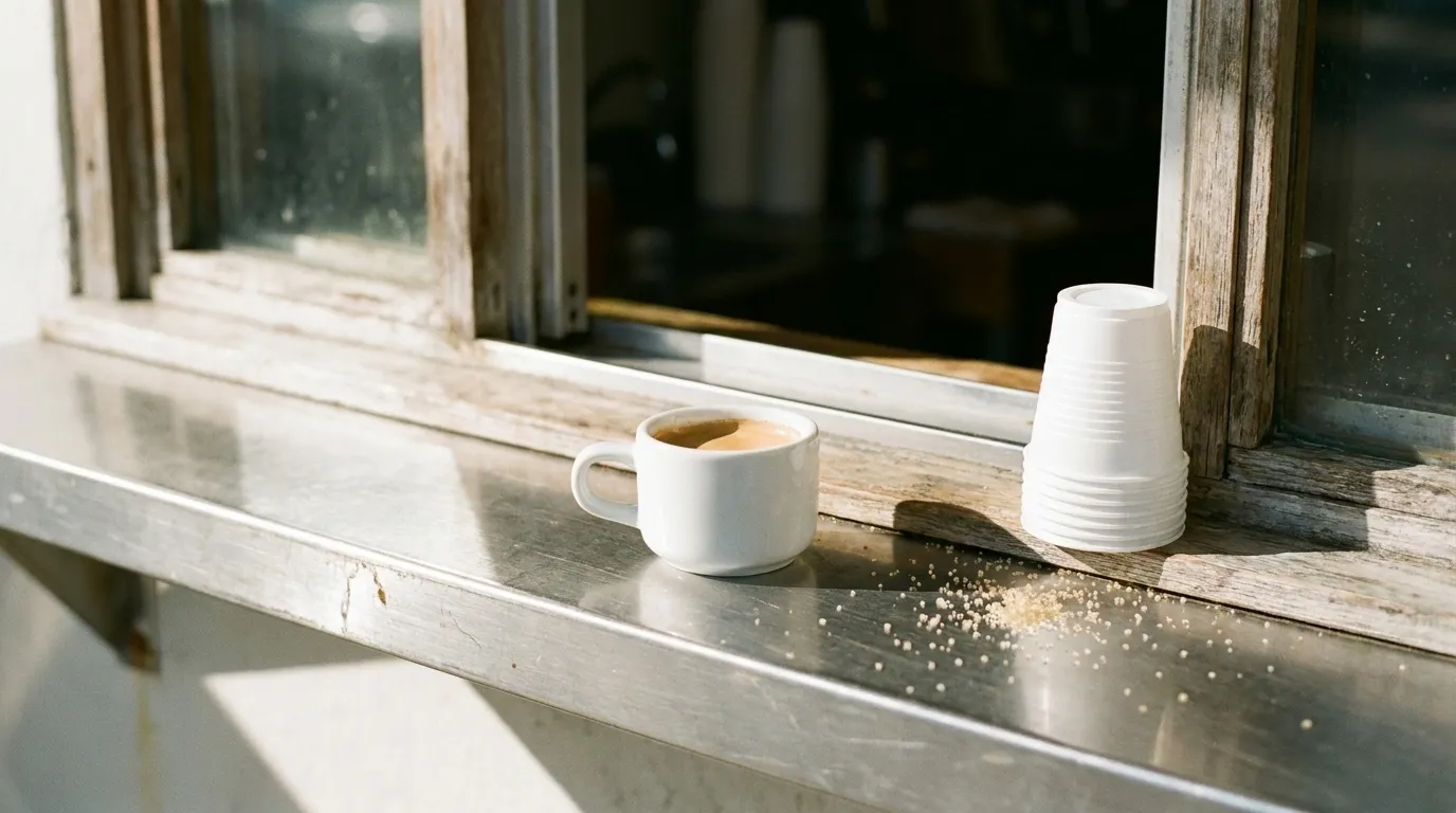 A small white plastic thimble cup of dark Cuban coffee with a pale crema on a stainless counter ledge, a stack of nested cups beside it and a service window frame behind