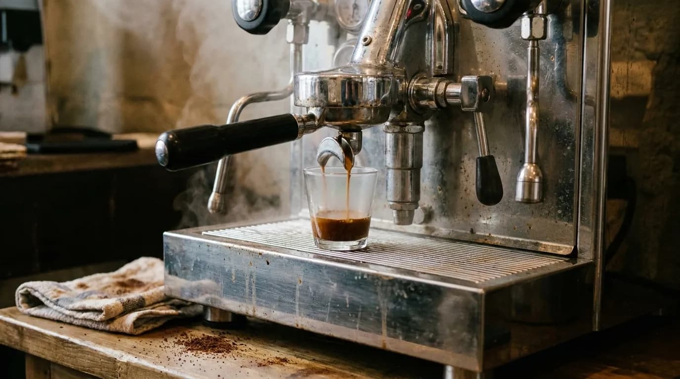 An espresso machine group head pulling a short dark shot into a glass, portafilter locked in and steam wand to one side, shot close on a worn cafe counter