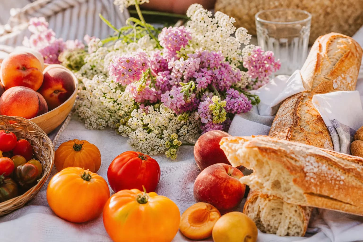 Colorful produce and picnic textures on a bright summer blanket