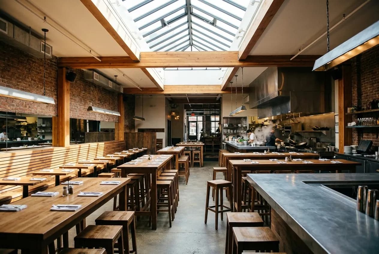 Bright dining room with skylights in a Greenpoint Vietnamese restaurant showing wooden tables and open kitchen
