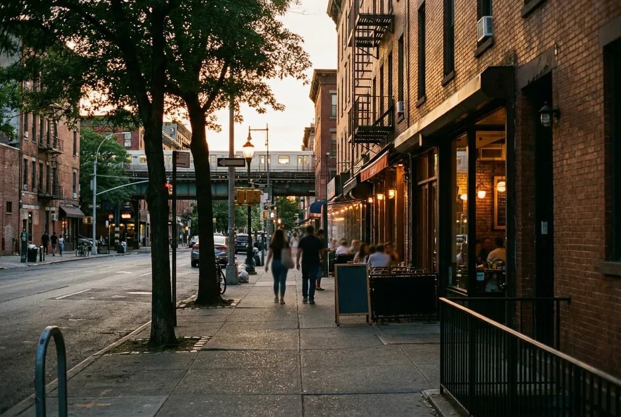 Greenpoint Avenue streetscape at dusk showing Brooklyn sidewalk and restaurant storefronts with warm lighting