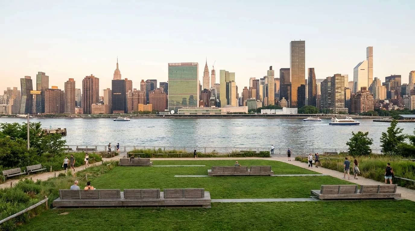 Waterfront view at Transmitter Park with the Manhattan skyline across the East River