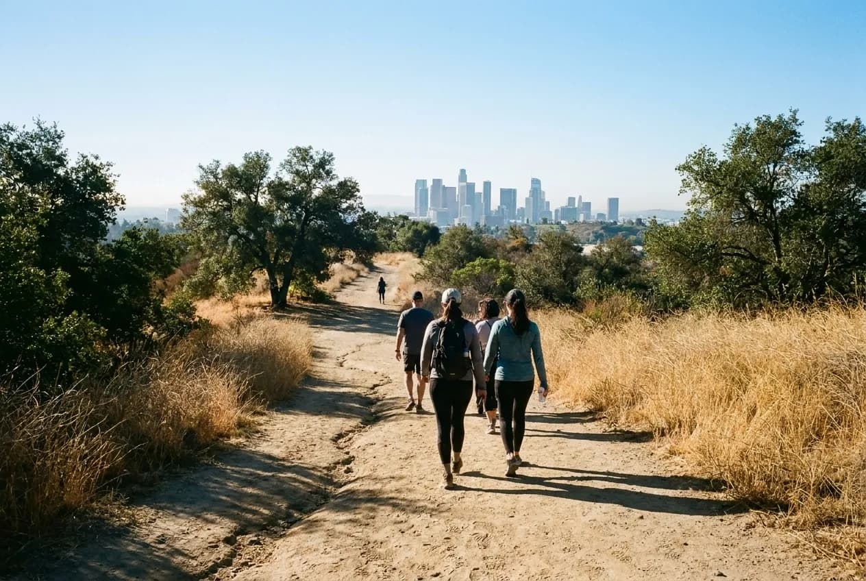 Hikers climbing the dirt trail through Griffith Park toward Griffith Observatory on a sunny morning.