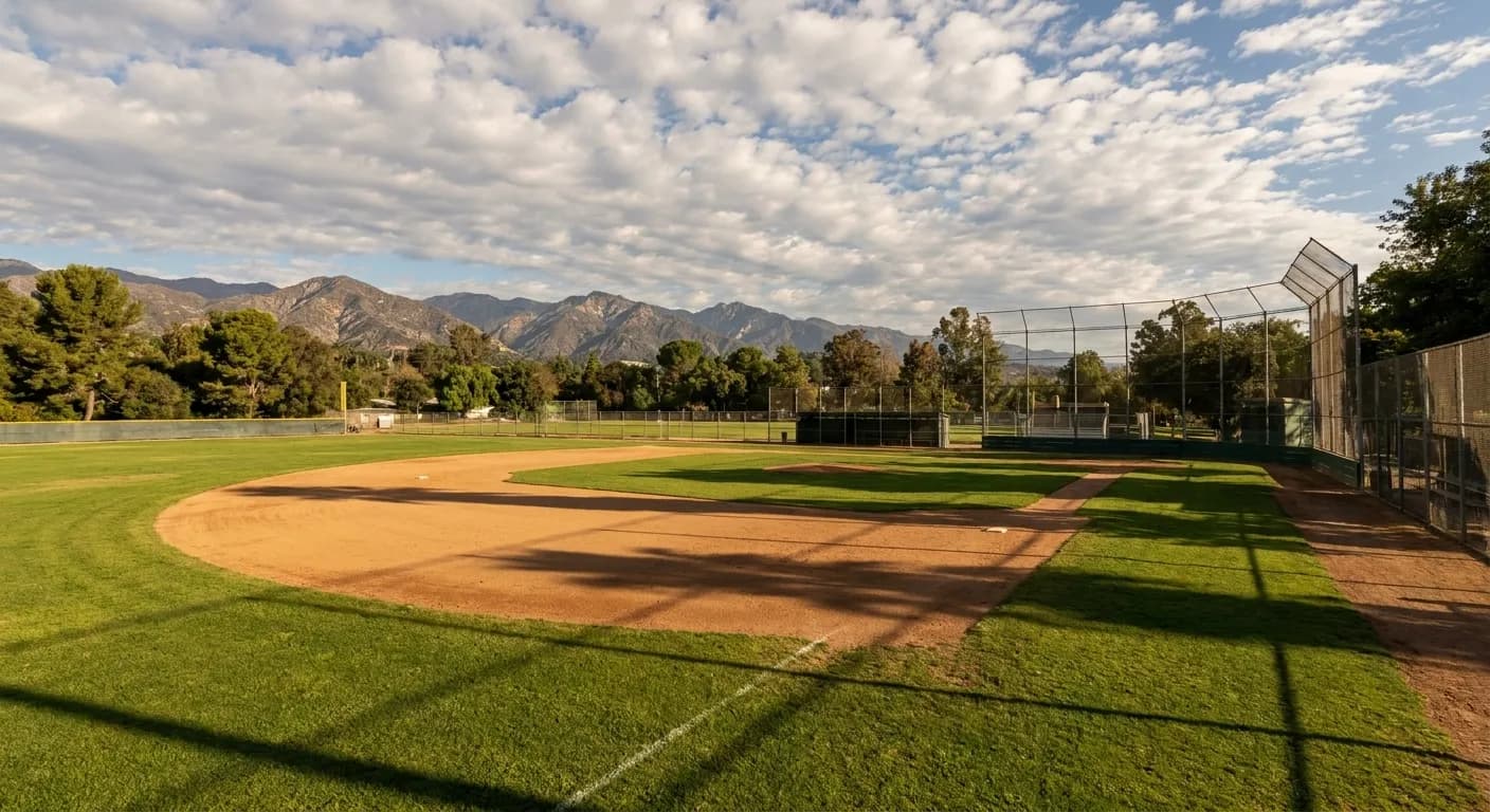 Baseball diamond with dirt infield and grass outfield at Griffith Park, San Gabriel Mountains visible in background under clear sky