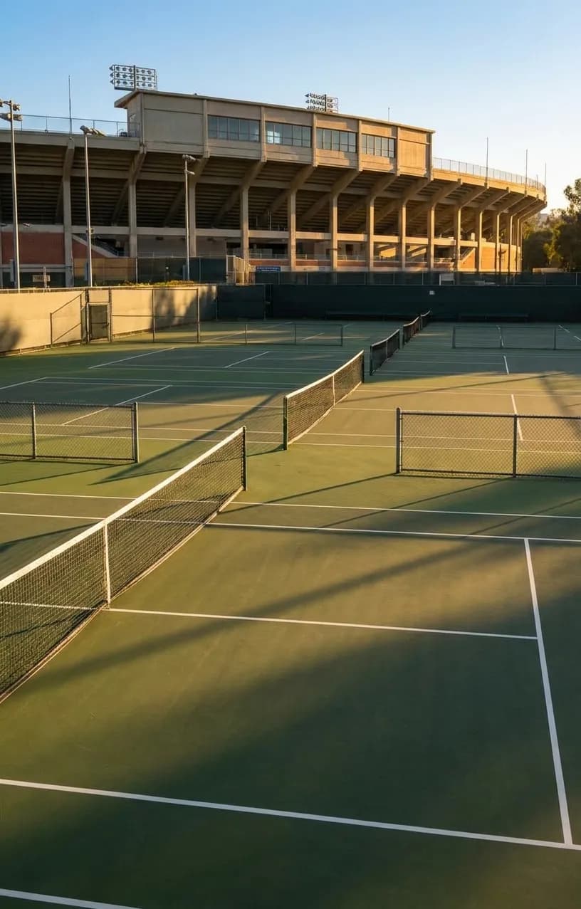Twelve tennis courts with net posts and painted lines at Riverside complex in Griffith Park, grandstand seating visible in background