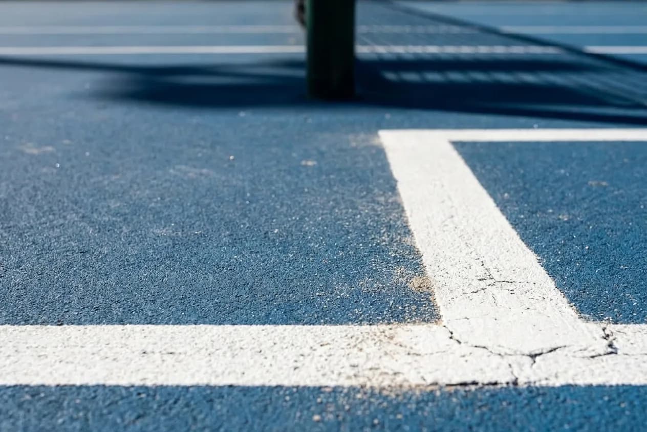 White baseline paint and service box lines on blue hard court surface with worn texture showing recent play