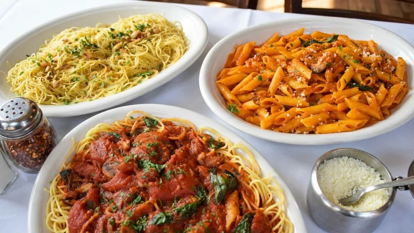 Family-style Italian sharing platters of pasta crowded onto a white tablecloth for a group dinner