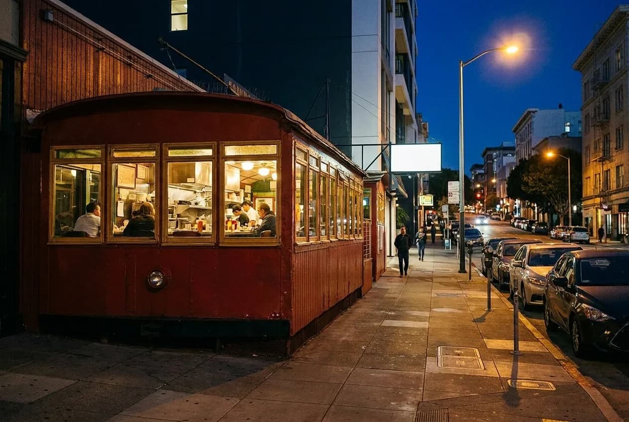 A vintage railcar diner with glowing windows on a San Francisco street at night