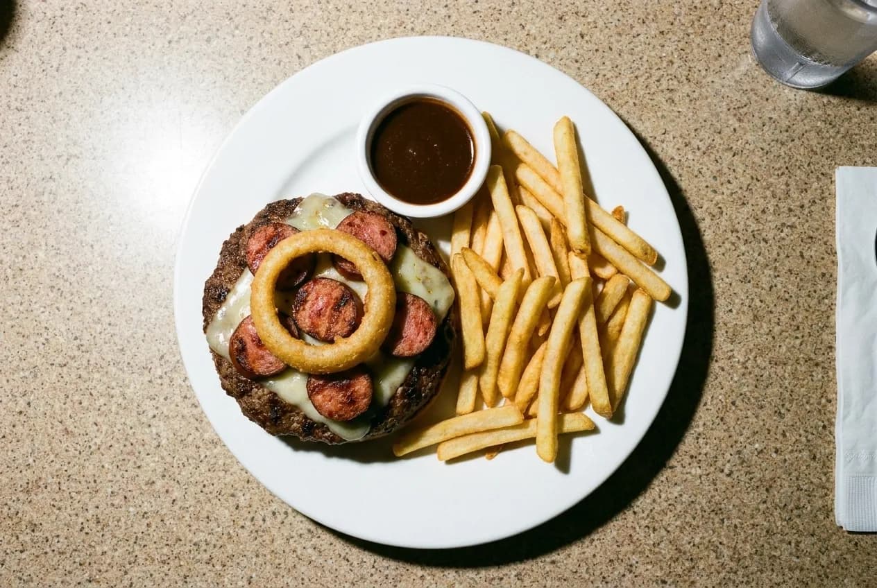 An overhead view of a diner burger topped with Portuguese sausage and an onion ring beside french fries