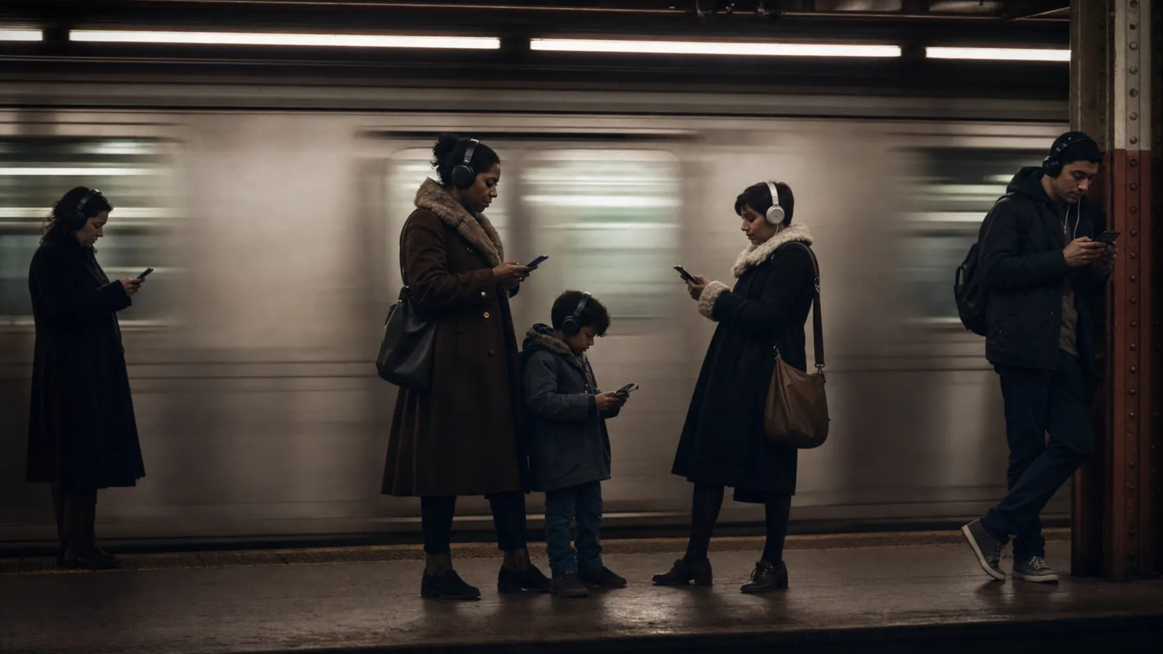 NYC subway riders using headphones and devices while following gaming updates.