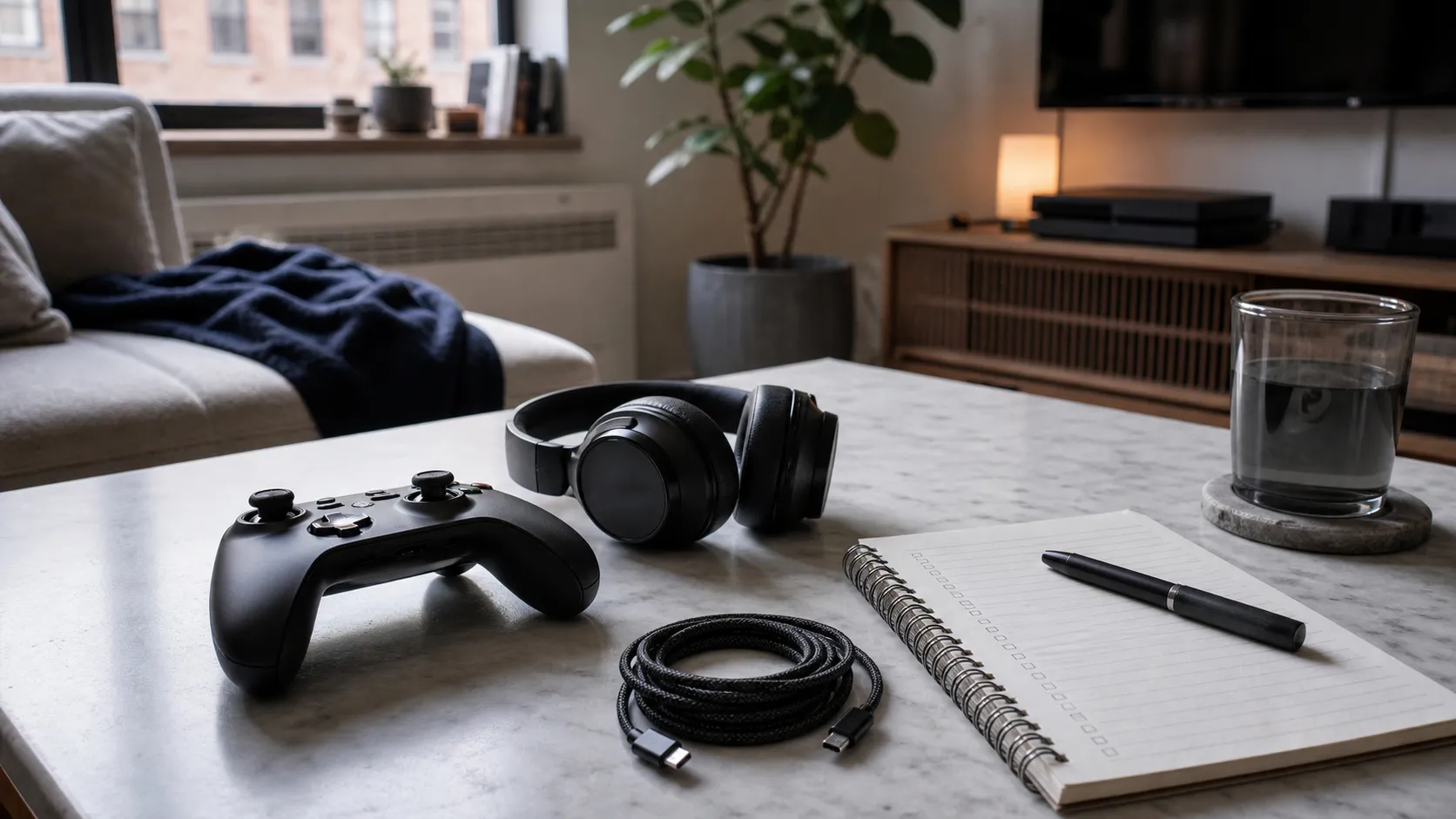 Game controller, headset and launch checklist arranged on a small apartment coffee table.