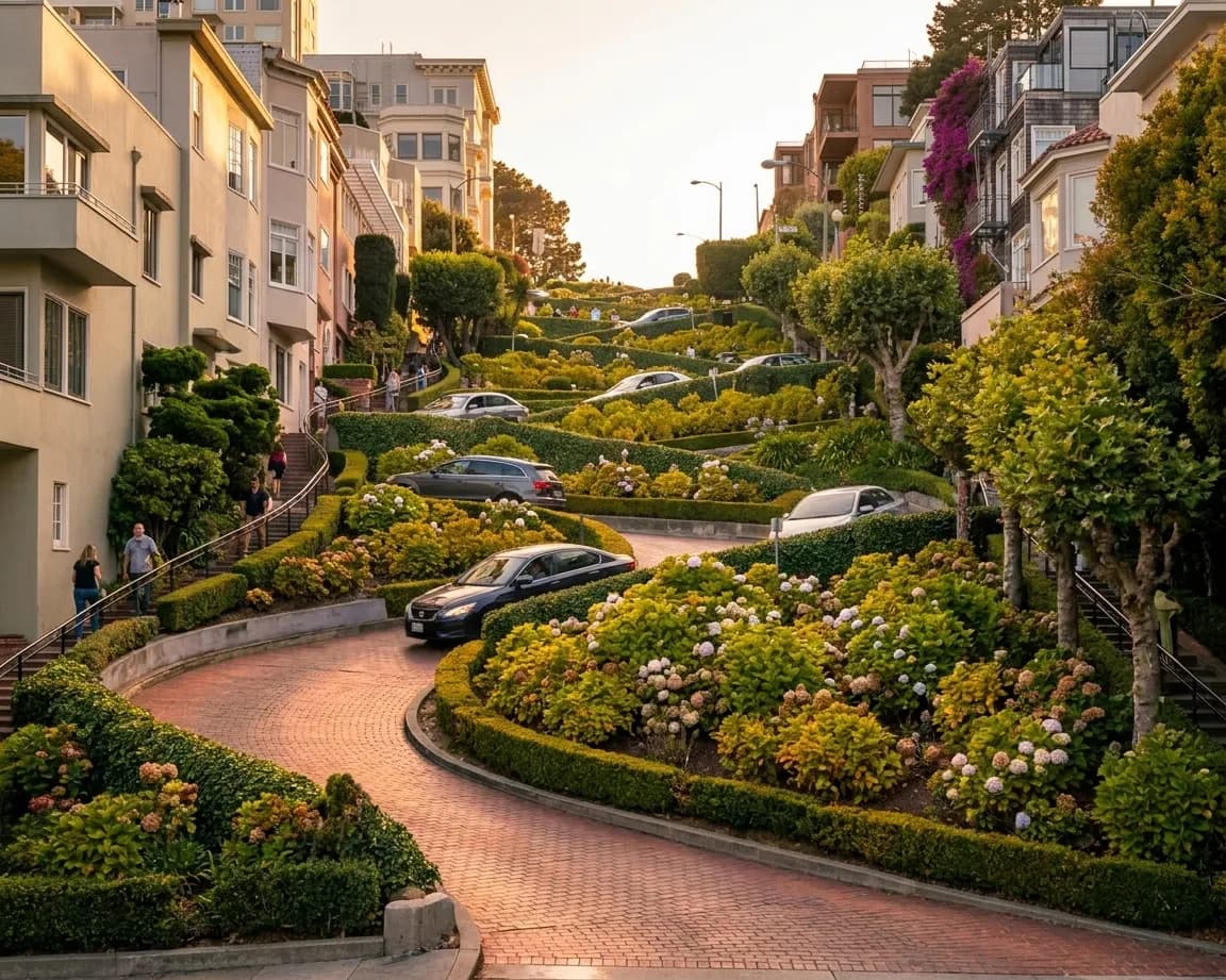 Lombard Street's red brick hairpin turns winding downhill through hydrangea gardens with Russian Hill homes on either side