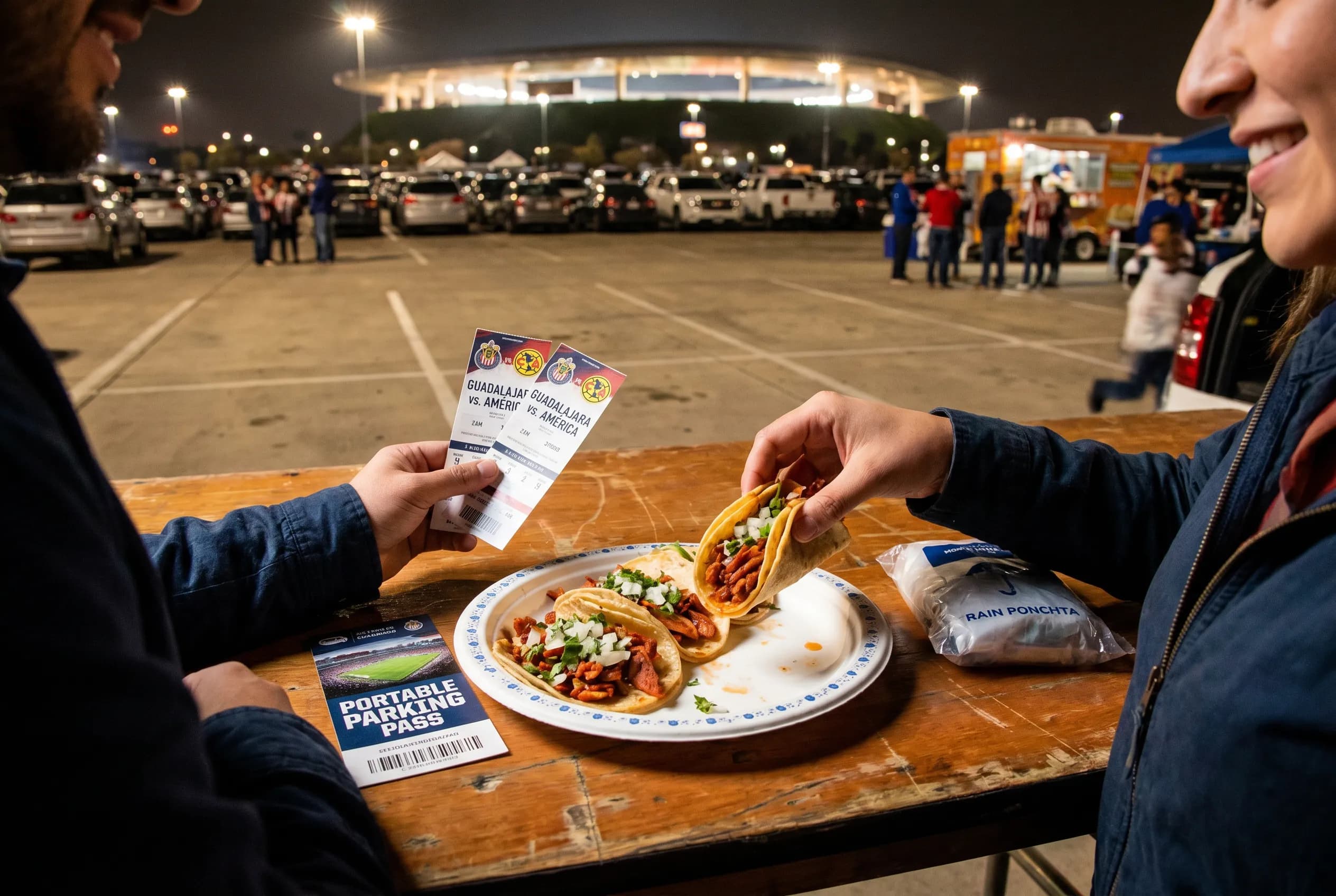A bright practical scene for guadalajara stadium parking tacos and nightlife match guide.