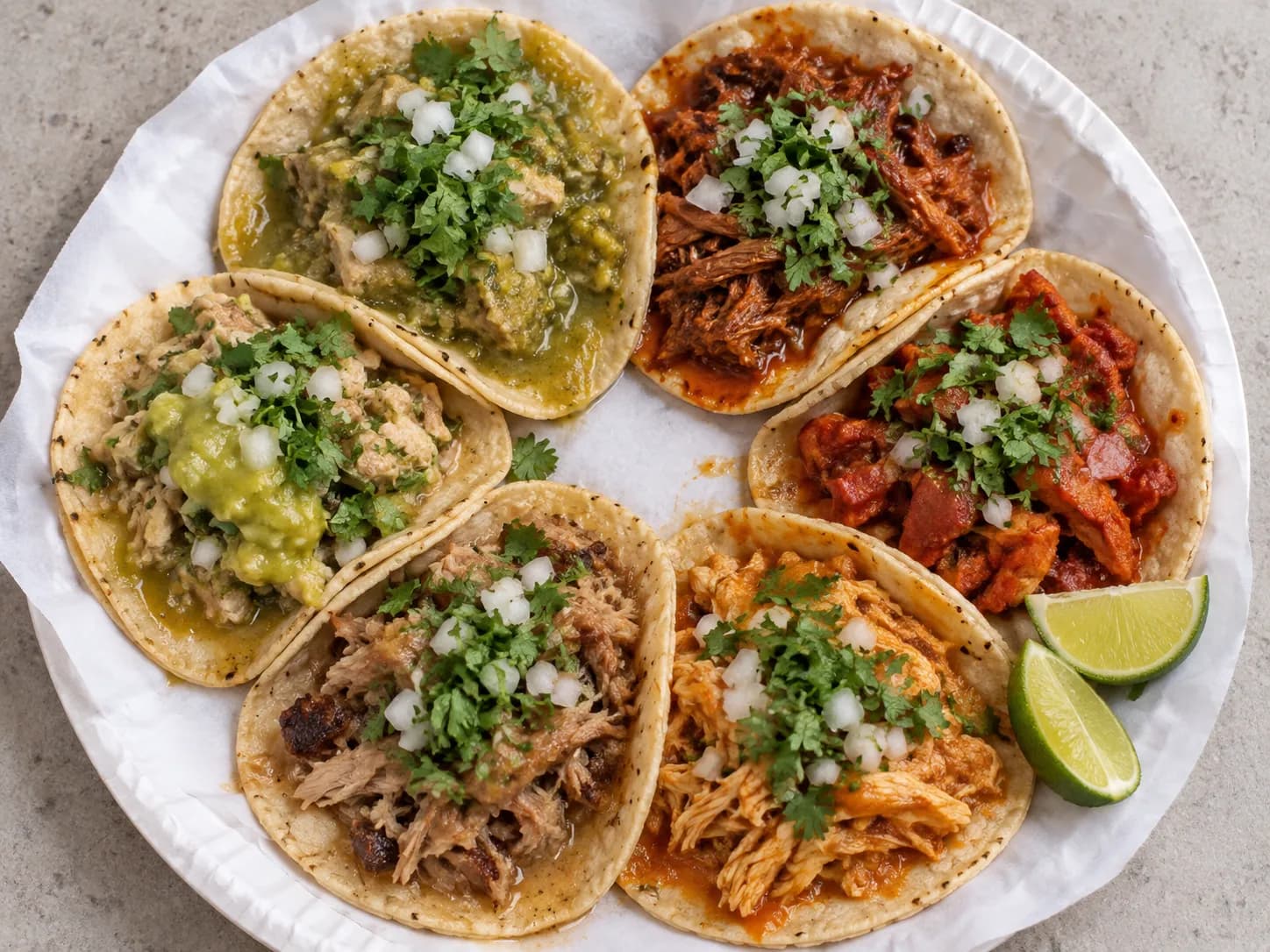 Paper-lined plate holding six small tacos on soft handmade corn tortillas, each with a different braise, sauces soaking into the tortillas with lime wedges at the edge