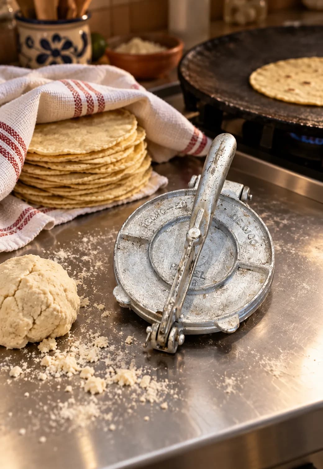 Cast-iron tortilla press on a stainless kitchen bench with a ball of masa dough beside it and a stack of freshly pressed corn tortillas under a cloth