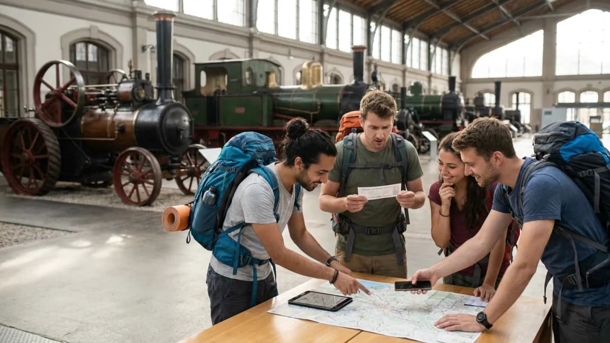 Photorealistic group decision scene showing when to use Karpo and when to use ÖBB.