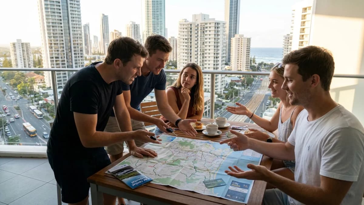 Photorealistic group decision scene showing when to use Karpo and when to use Europcar.