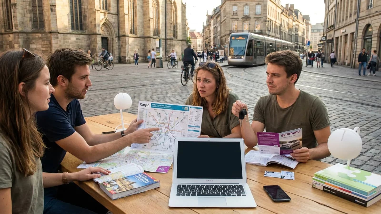 Photorealistic group decision scene showing when to use Karpo and when to use Getaround.