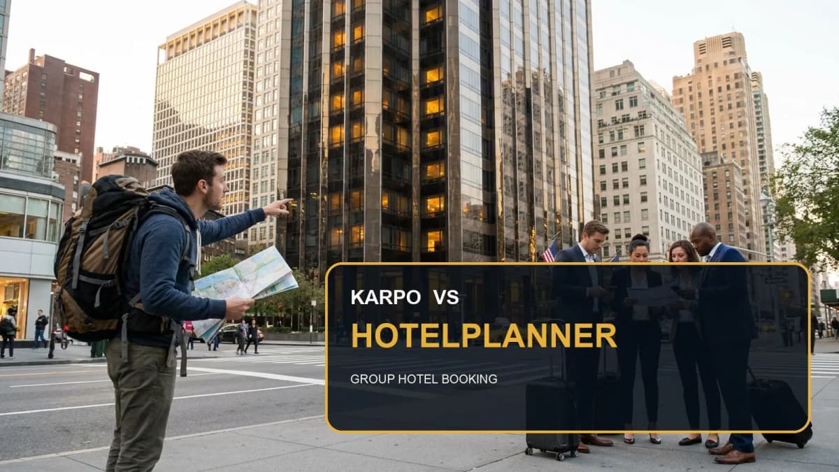 Karpo versus HotelPlanner in a photorealistic editorial comparison.