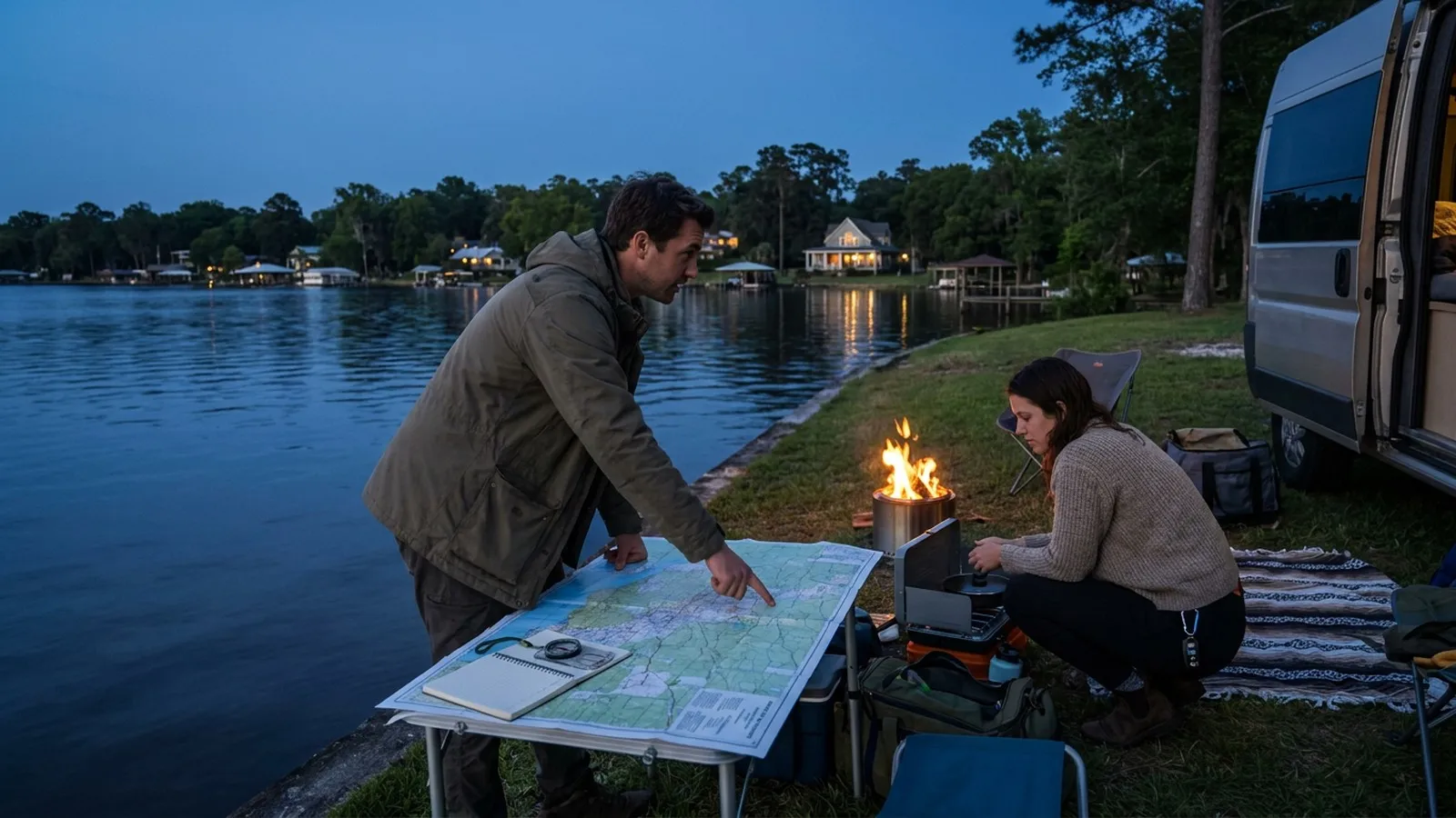 Photorealistic scene showing Karpo coordinating the wider day around Indie Campers.