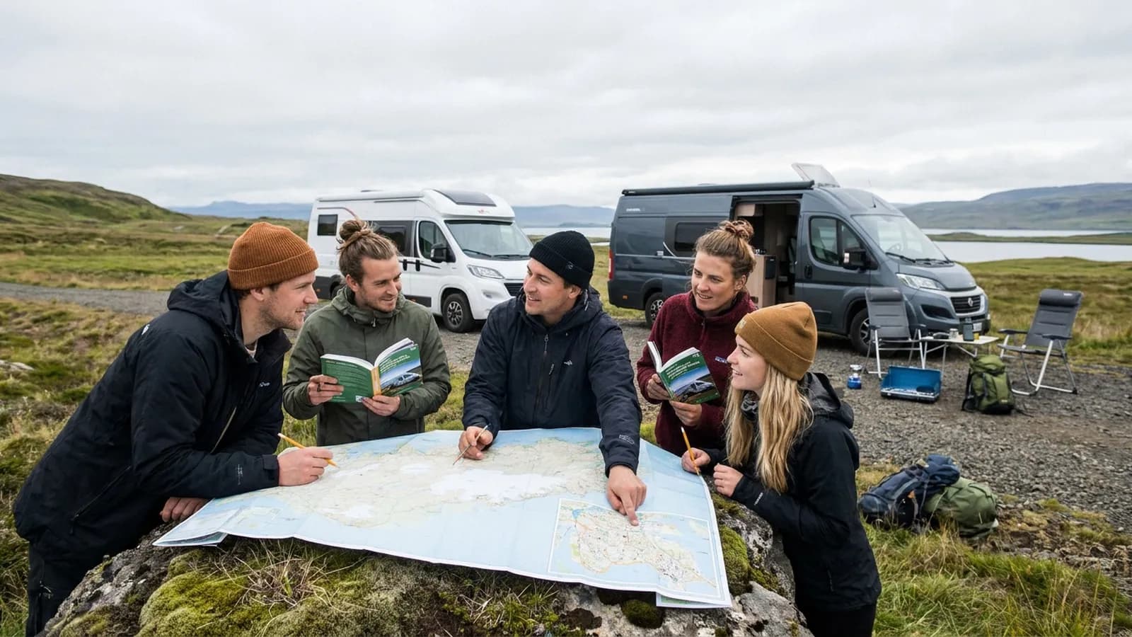 Photorealistic group decision scene showing when to use Karpo and when to use Indie Campers.